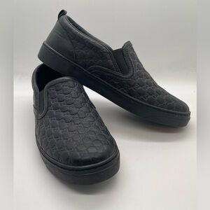 Authentic Gucci Kids GG Monogram Black Leather Embossed Slip On Sneakers Sz 33/2